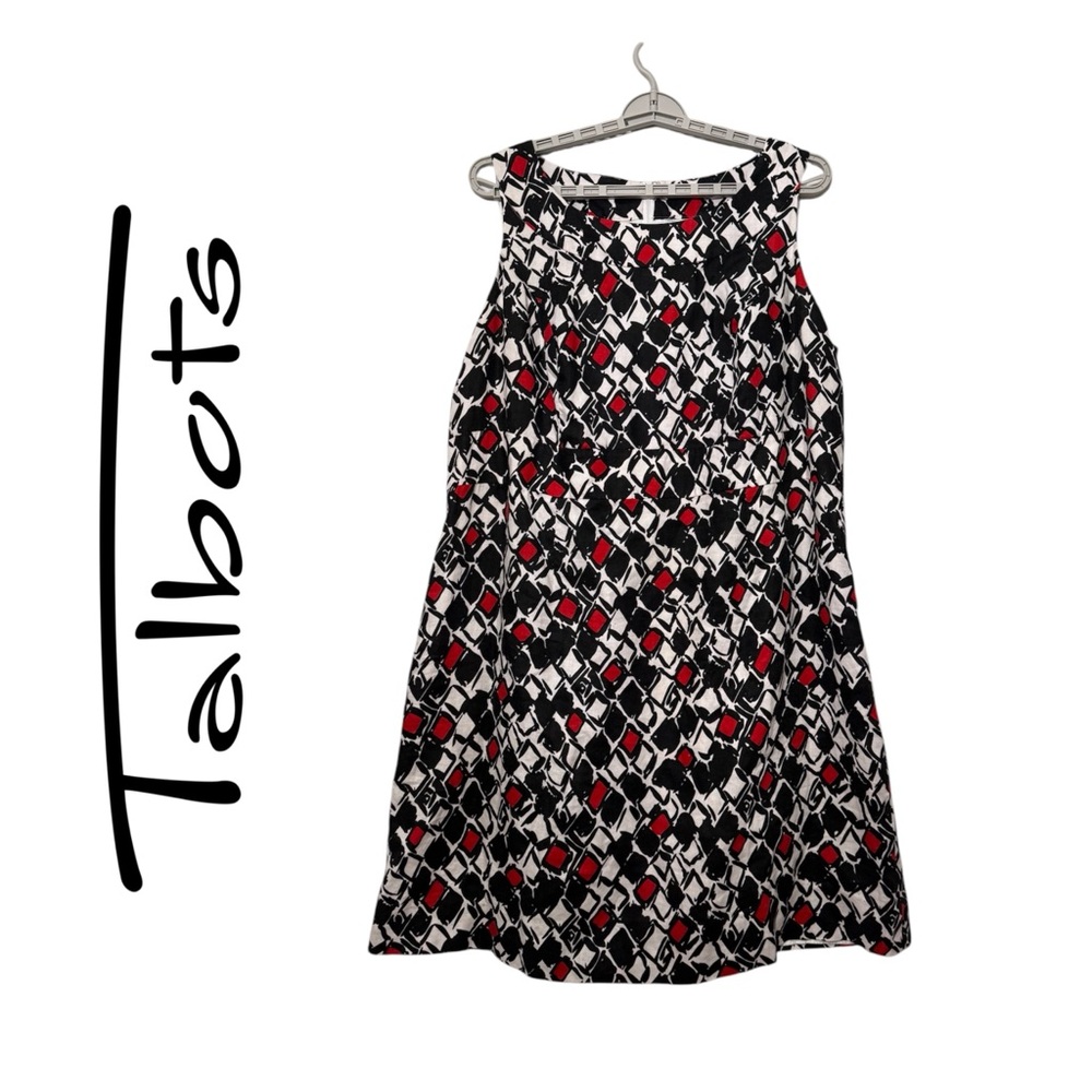 Talbots Linen Dress Geometric Artsy Black White Red Diamonds Sleeveless Sz 20 W